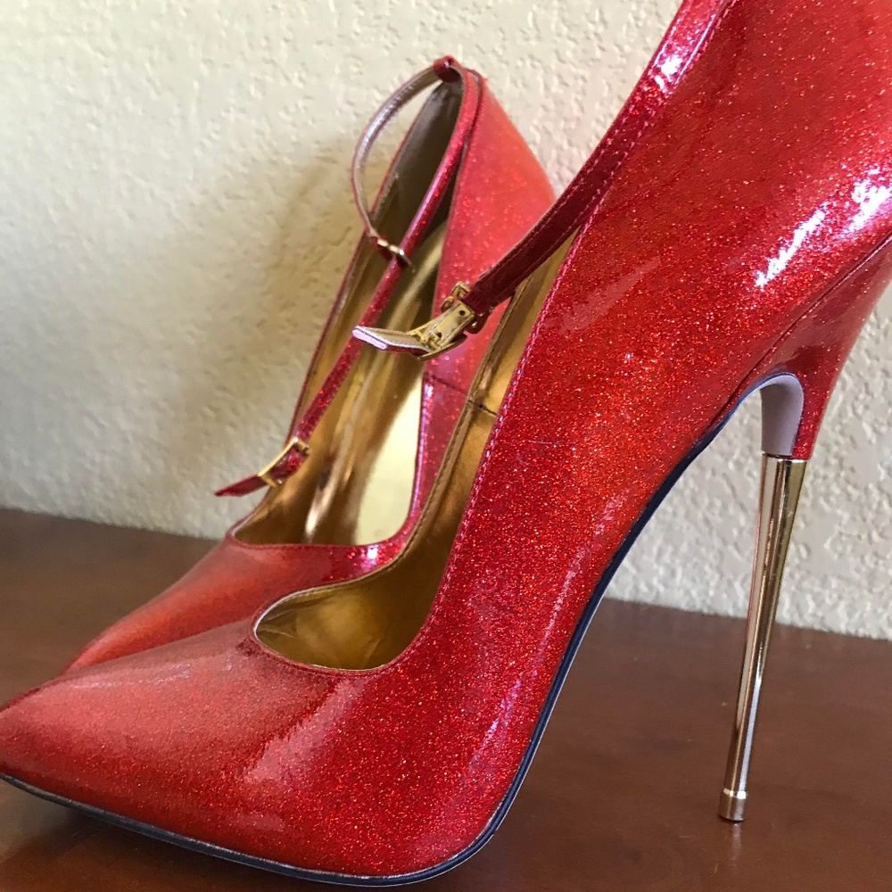 6ihf Red Sparkle Ankle Strap Pumps